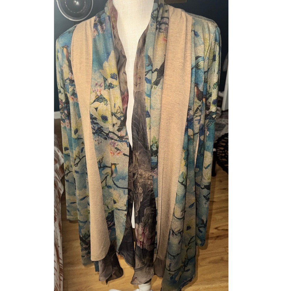 Soft Surroundings Tea Garden Topper Floral Bird Print Open Front Cardigan L